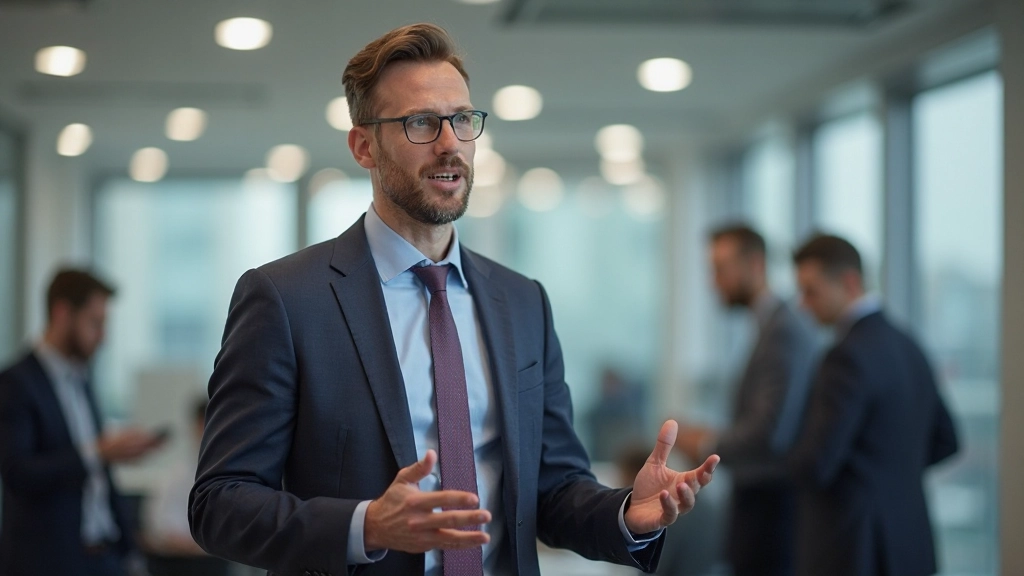 Professionele man in kantoor geeft presentatie in het Nederlands met zelfvertrouwen