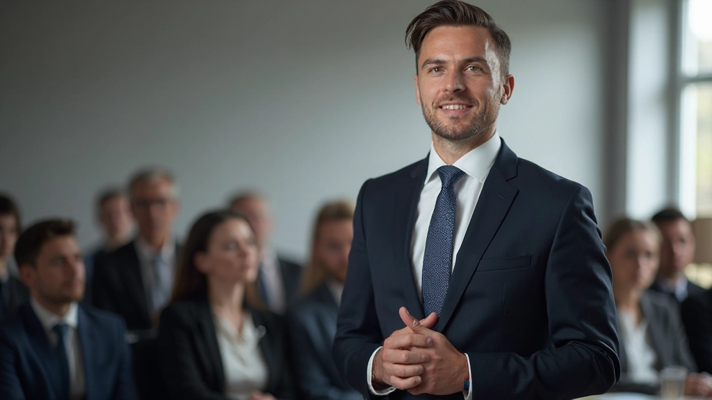 Zakenman in pak die een presentatie geeft voor een publiek in een moderne conferentieruimte