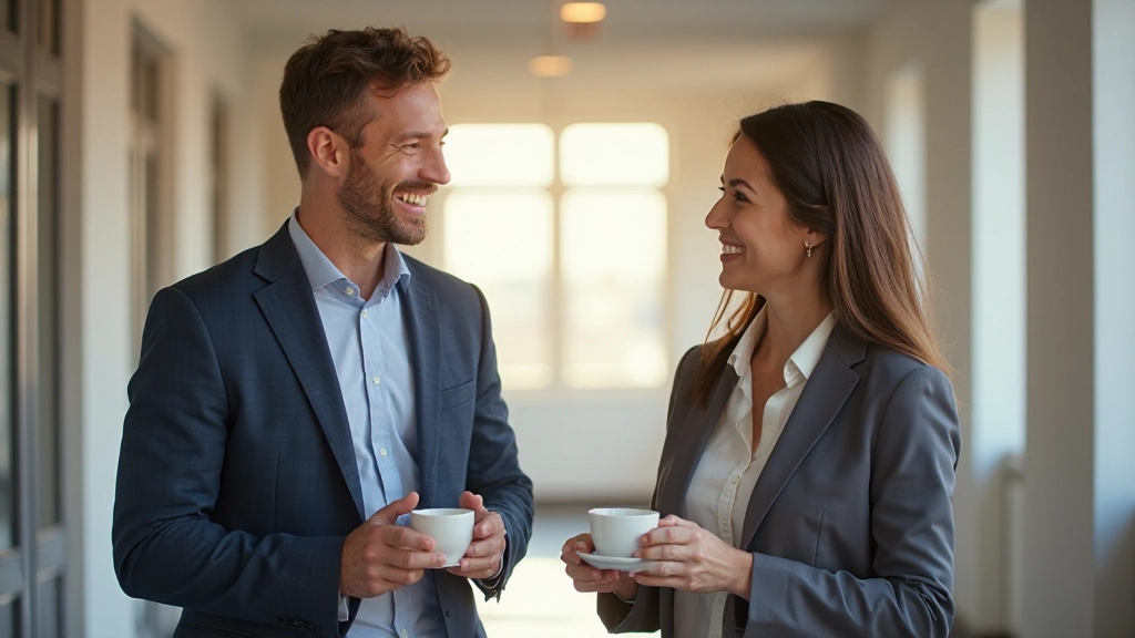 Man en vrouw hebben ontspannen gesprek terwijl ze met kopjes thee staan in kantoor gang met natuurlijk licht