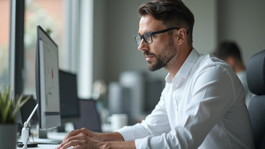 Professionele man aan het bureau, gericht op zijn scherm met een serieuze en doelbewuste uitdrukking, moderne kantooromgeving, natuurlijke verlichting, geen watermerken