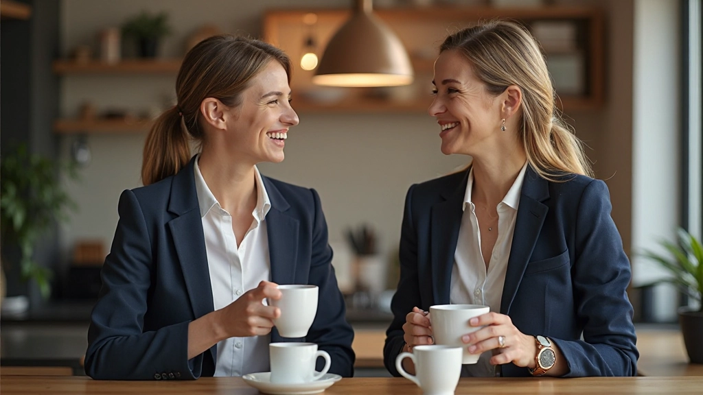 Twee professionele vrouwen hebben een warm gesprek bij het keukenblok met kopjes koffie in hun handen