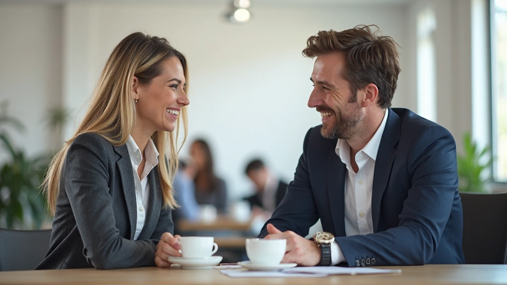 Twee collega's hebben een ontspannen gesprek aan het bureau met koffie en een glimlach op hun gezichten