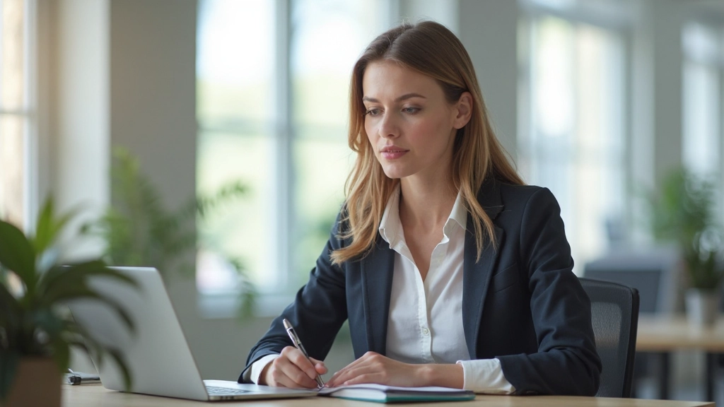Vrouw bereidt zich voor op een presentatie met notities en laptop op een bureau in een kantoor