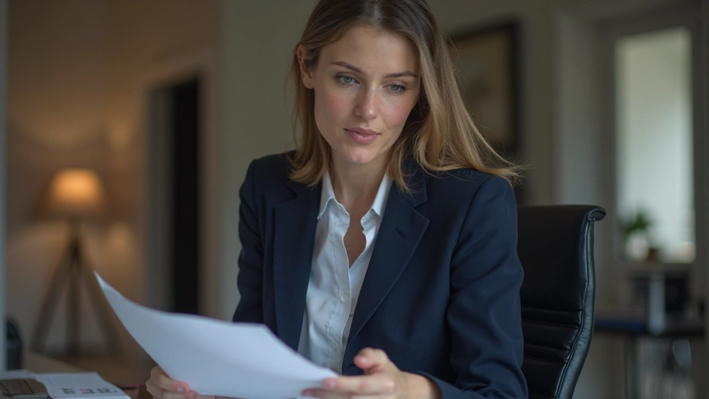 Professionele vrouw aan het bureau die een rapport doorneemt met concentratie