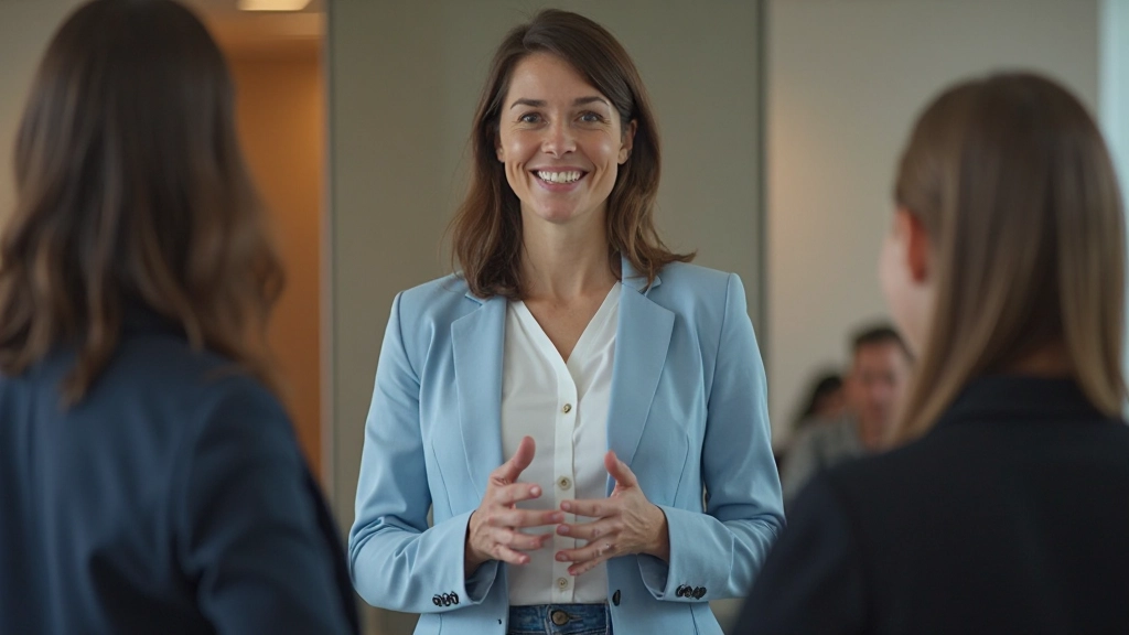 Vrouwelijke spreker presenteert zelfverzekerd met duidelijke gebaren en professionele uitstraling