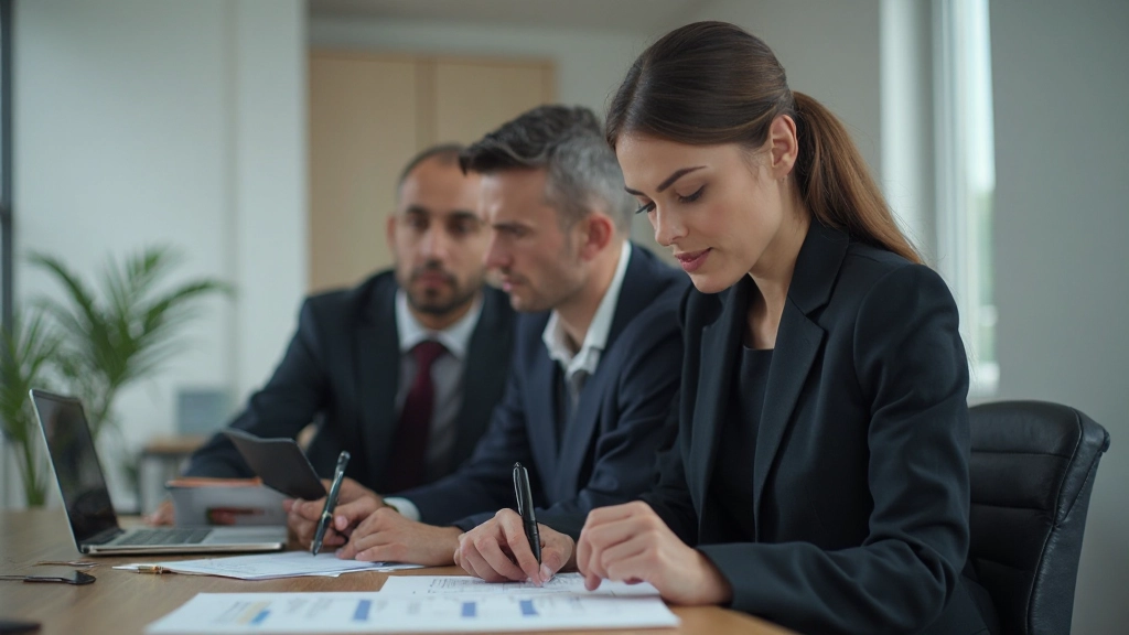 Professionele vrouw die concentreerd aan haar bureau werkt, een pen vasthoudt en naar documenten kijkt, gekleed in formele kleding, modern kantoor, zacht licht, portretshot van borst tot hoofd