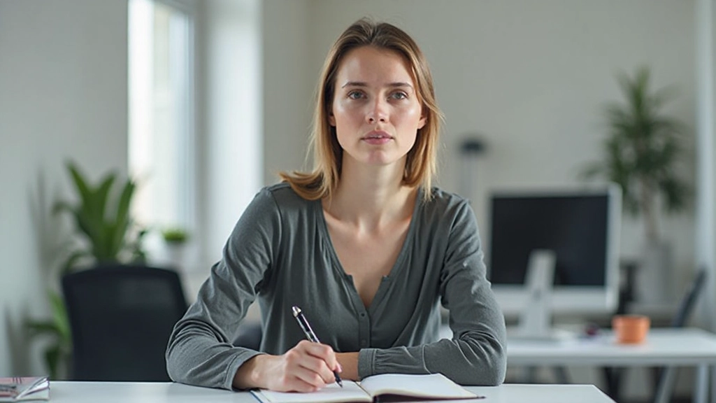 Vrouw zit achter haar bureau en maakt aantekeningen terwijl ze naar haar computer kijkt