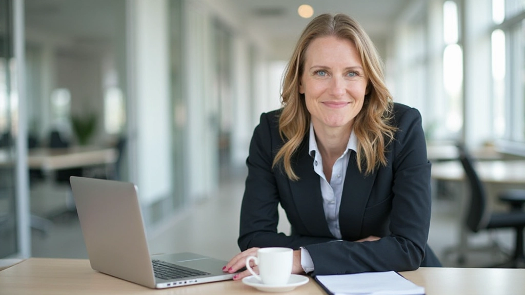 Professionele vrouw zit aan een bureau met laptop en notitieboekje, kantooromgeving op achtergrond